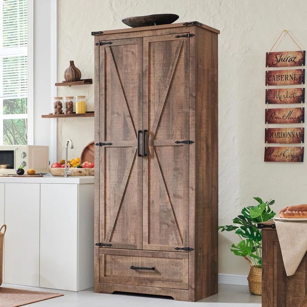 

Farmhouse Kitchen Pantry Cabinet - 72" Tall Wood Kitchen Storage Cabinets with Adjustable Shelves & 2 Barn Doors & Drawer