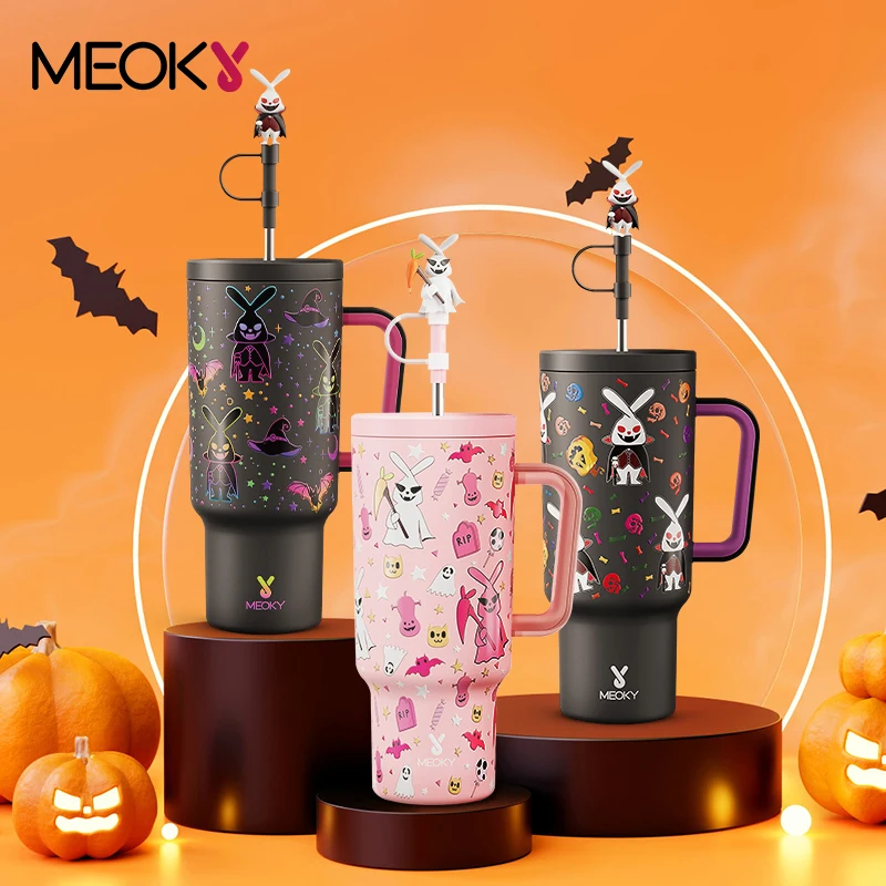 

Meoky 40oz Vacuum Coffee Cup Tumbler Handle Cute Stoper Halloween Stainless Steel Insulation Car Mug Water Bottle Gifts