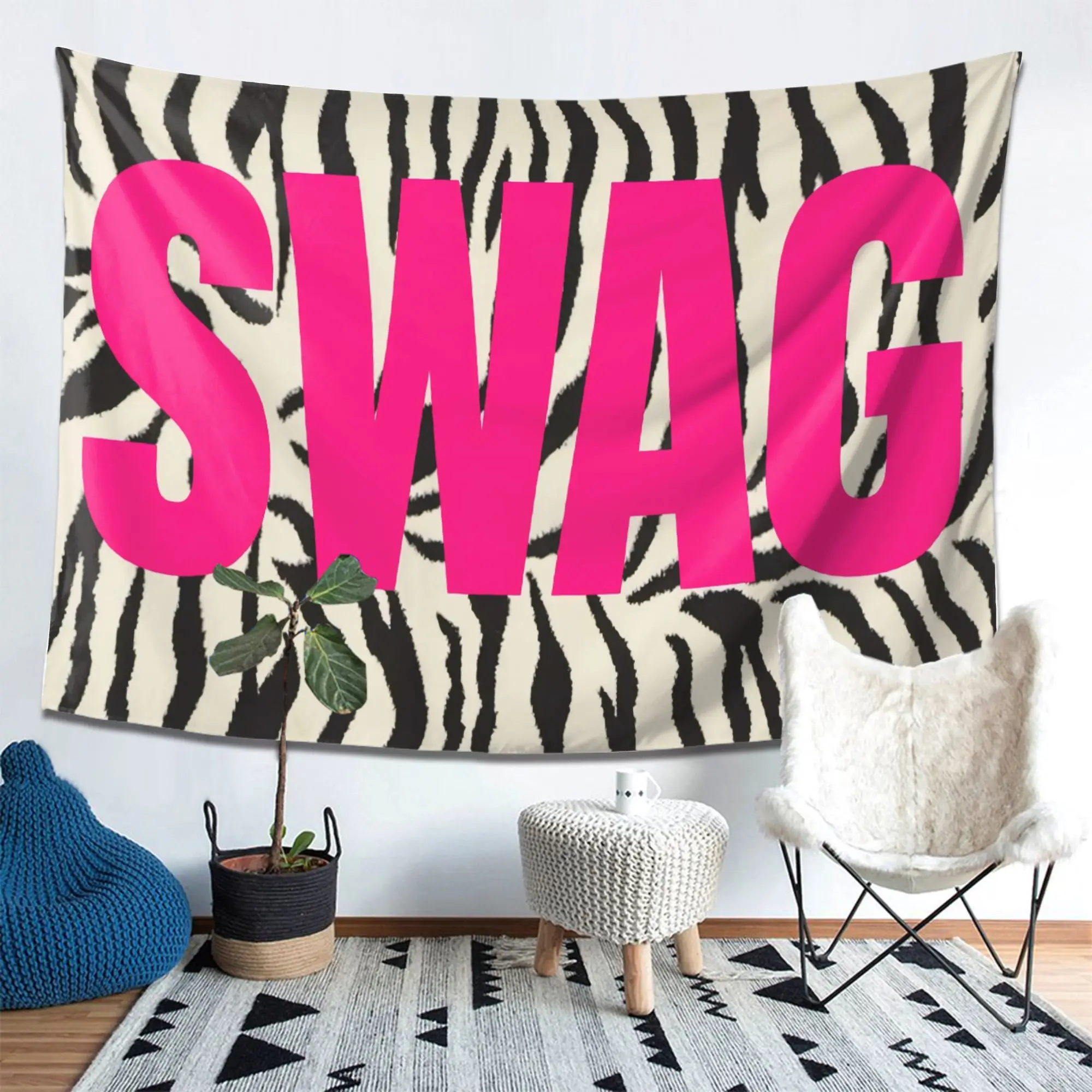 VIKAMA American Hot Girl SWAG Zebra Pattern Tapestry, Trendy Wall Hanging for Bedroom Living Room Dorm Pink Letter Decor