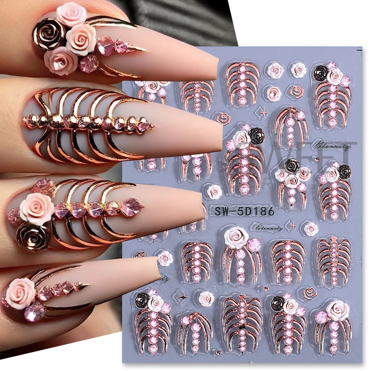 3pcs 해골 갈비 양각 네일 스티커 5D 해골 뼈 장미 꽃 Y2K 디자인 접착 데칼 할로윈 휴일 매니큐어 포일