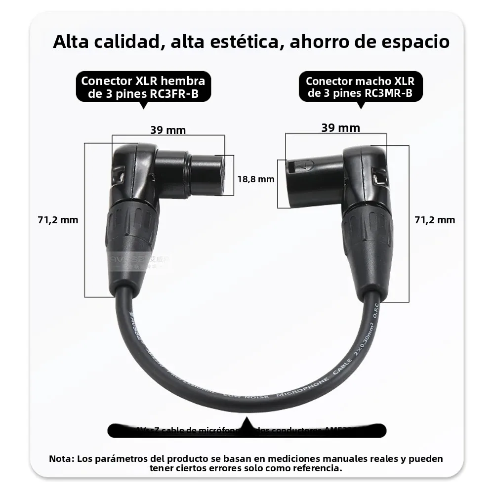 Cable con conector XLR de 3 pines de perfil bajo AVSSZ, conector en ángulo recto en forma de L, macho a hembra, para micrófono, mezclador, cámara, línea de audio profesional.