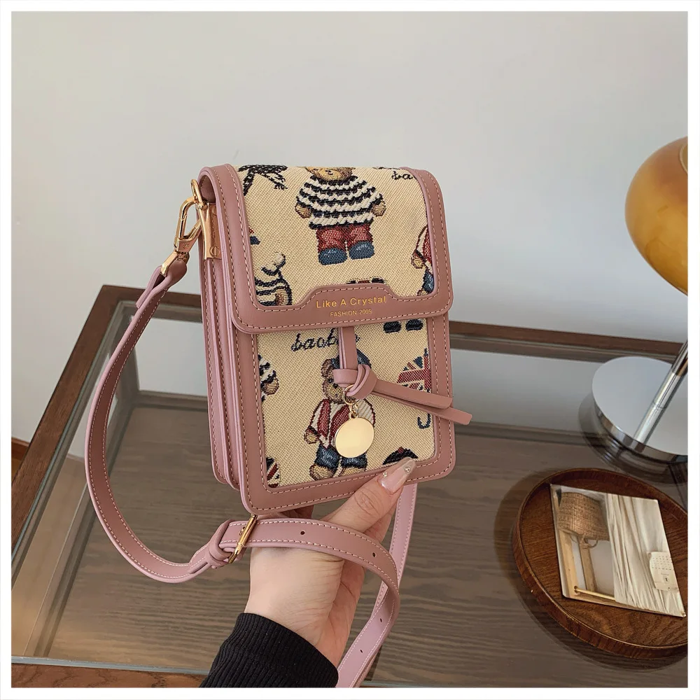 

Модная холщовая сумка с жаккардовым мишкой 2023 года — женская мини-квадратная сумка для телефона, детский подарок на день рождения