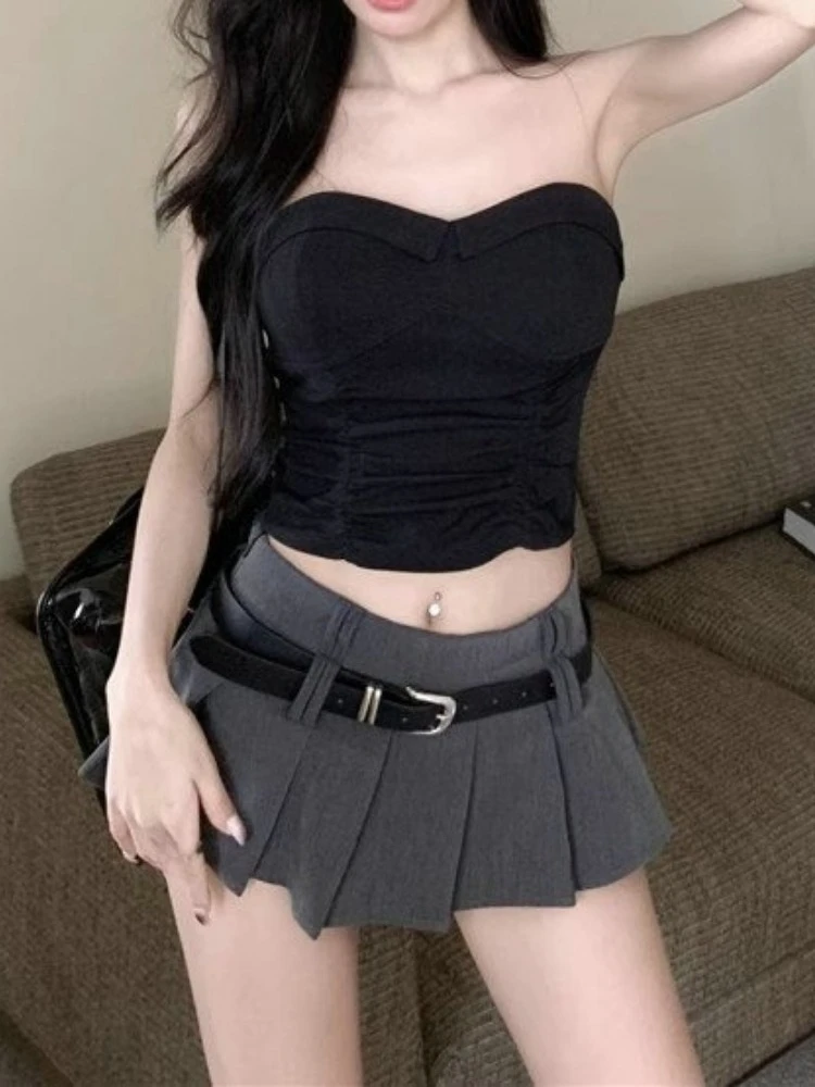 

Solid Preppy Style ​pleated Skirts For Women Fashion Summer Jupe 2025 Faldas Mujer De Moda High Waist A-line Belt Mini Y2k Skirt