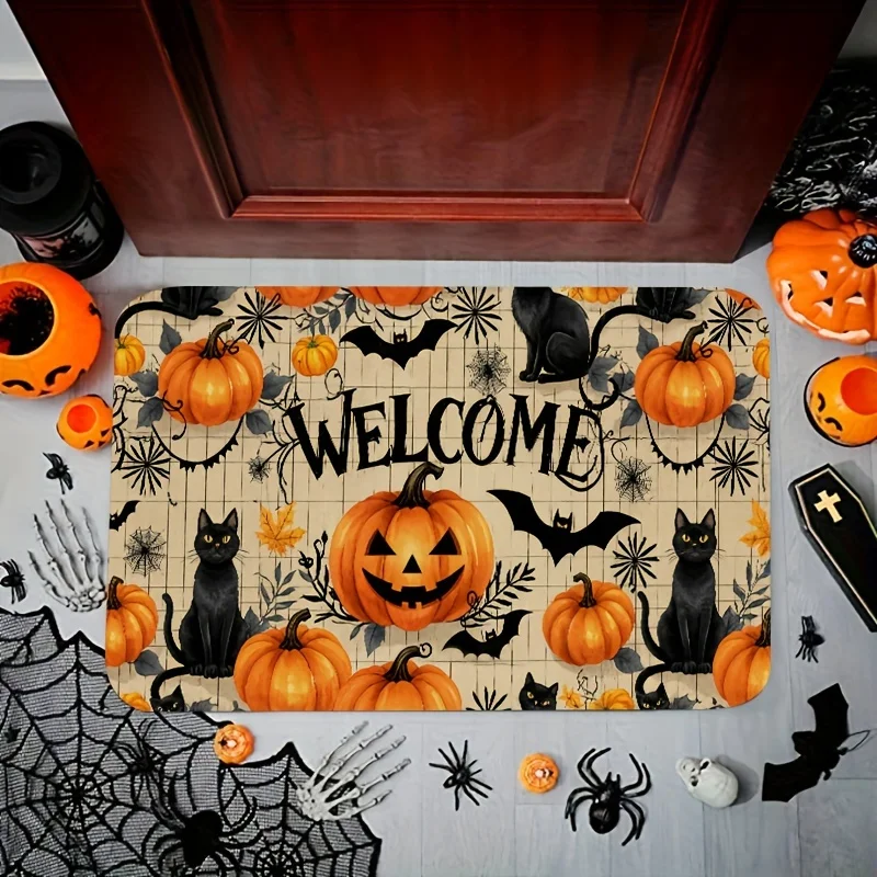 Halloween-Themed Door Mat with Pumpkin & Black Cat Design - Washable Polyester, Perfect for Entryway, Living Room
