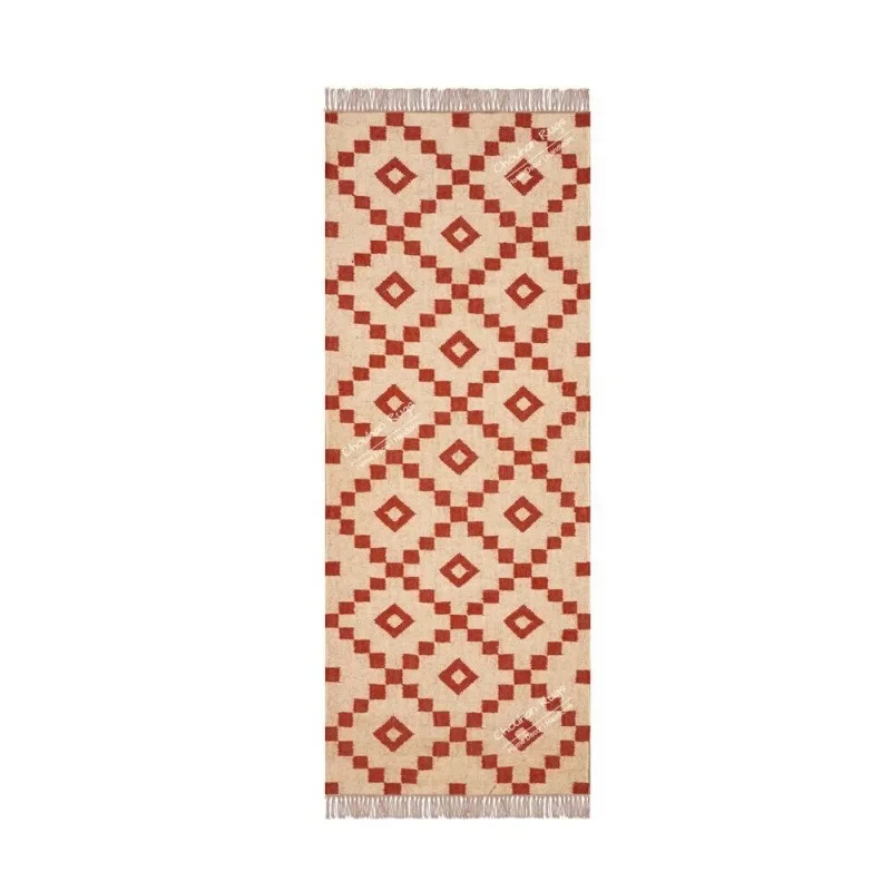 Handmade Off White with Red Design Wool Jute Kilim Dhurrie RunnerFringes Rug