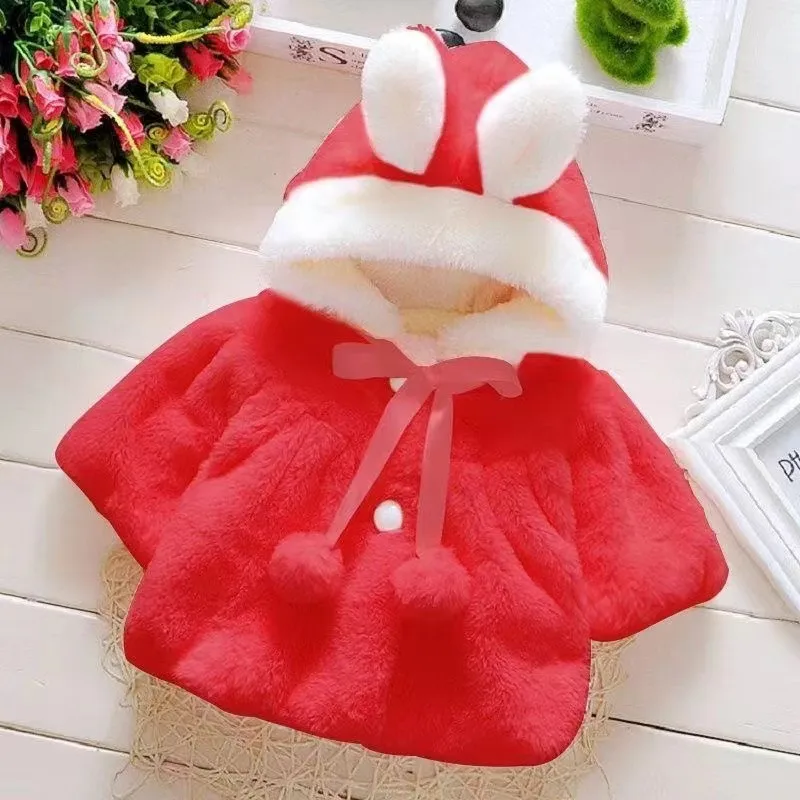 3 6 9 12 18 24 Months Baby Jacket Autumn Cute Rabbit Plush Princess Girls Coat Infant Warm Hooded Newborn Cloak Kids Clothes2024