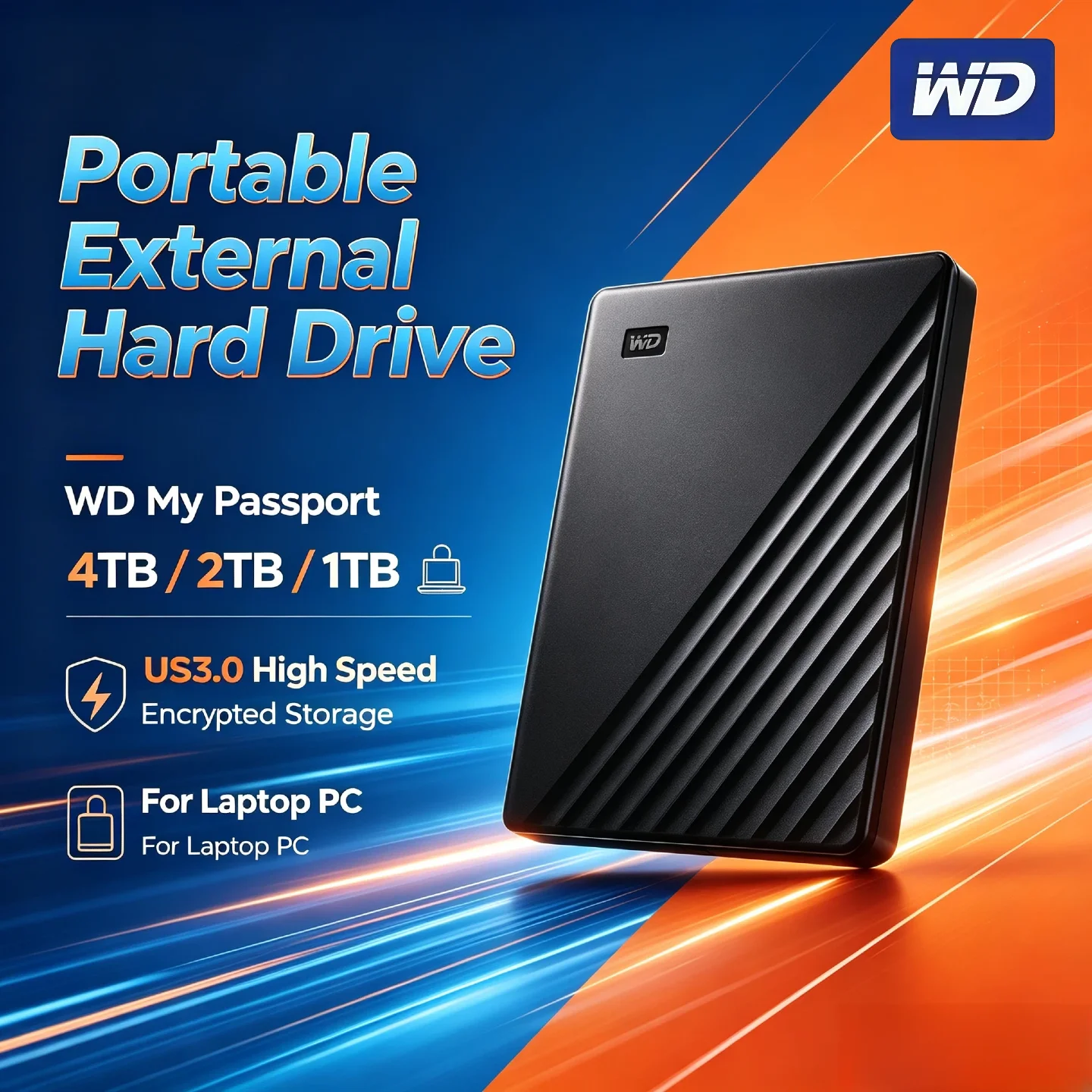 WD My Passport Portable External Hard Drive 1TB 2TB 4TB USB 3.0 High Speed Encrypted Mobile Storage for PC Laptop Unit