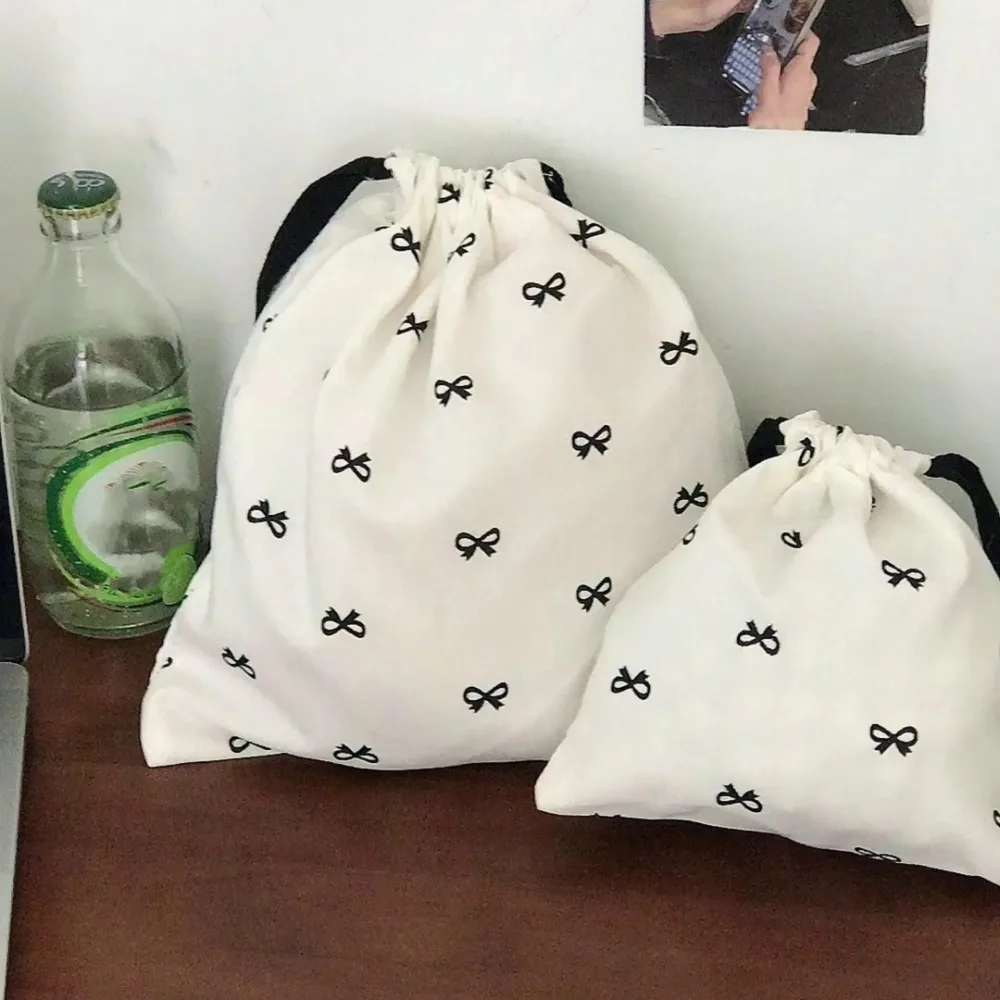 Casual Canvas Bundle Pocket Portable Large Drawstring Storage Bag Foldable Bow Printed Cotton Pouch Work