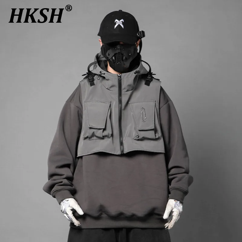 

HKSH Heavy Industry Spring Autumn New Men's Dark Trendy Functional Hoodies Fake Two-Piece Sweatshirt Women's Loose Coats HK2206