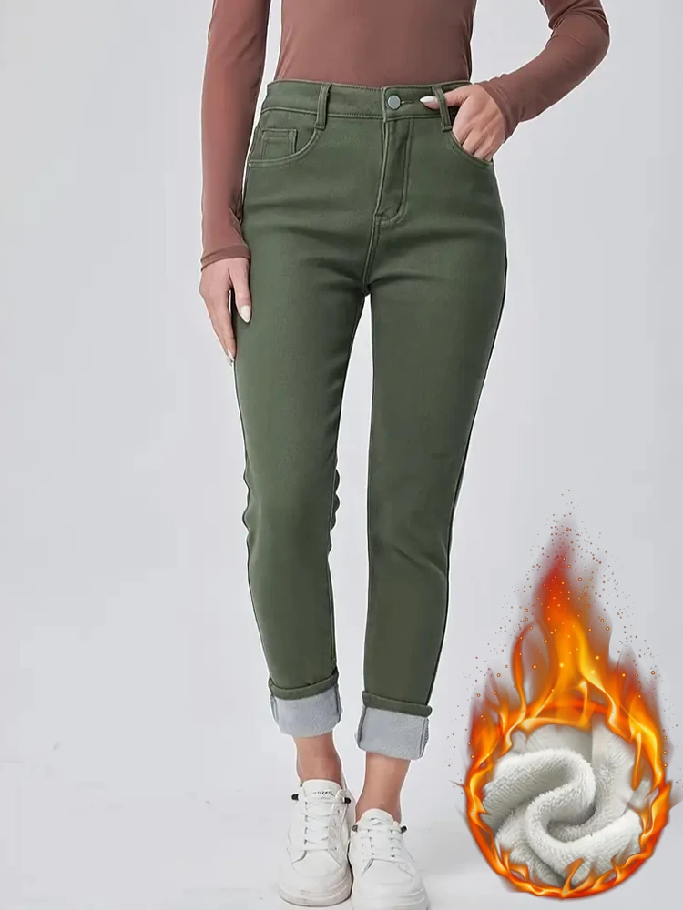 

Зимние женские флисовые толстые эластичные узкие джинсы для похудения, модные темно-зеленые теплые толстые бархатные брюки на молнии, джинсовые брюки