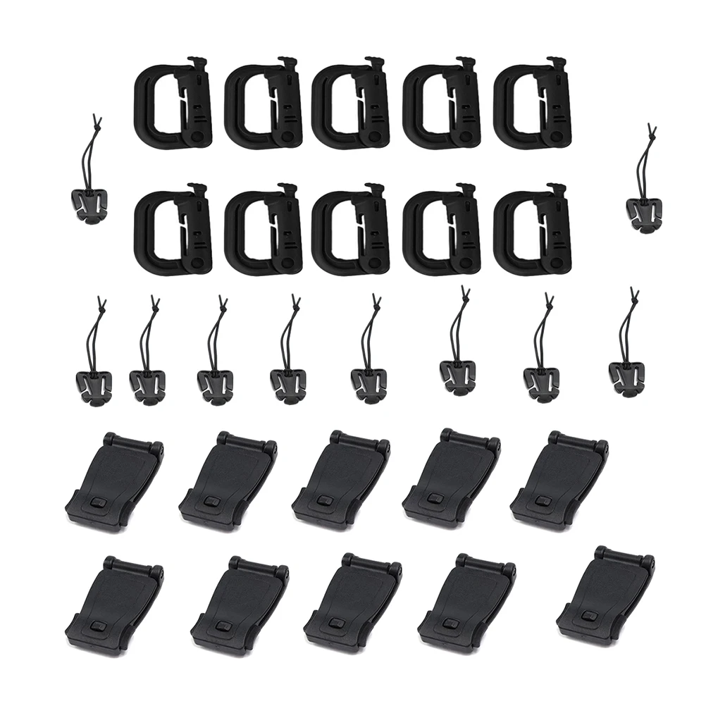 

30pcs Attachments D Ring Web Buckles Elastic Strings Outdoor Clip Strap Black For