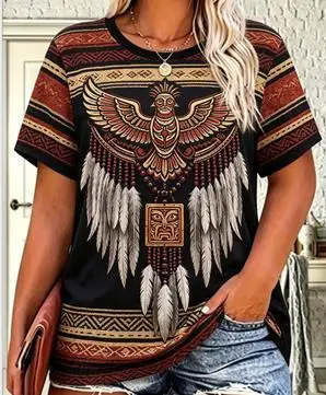 Women Round Neck Short Sleeve T-shirt Ancient Egyptian Totem Scarab Eagle Print Casual Summer Tee
