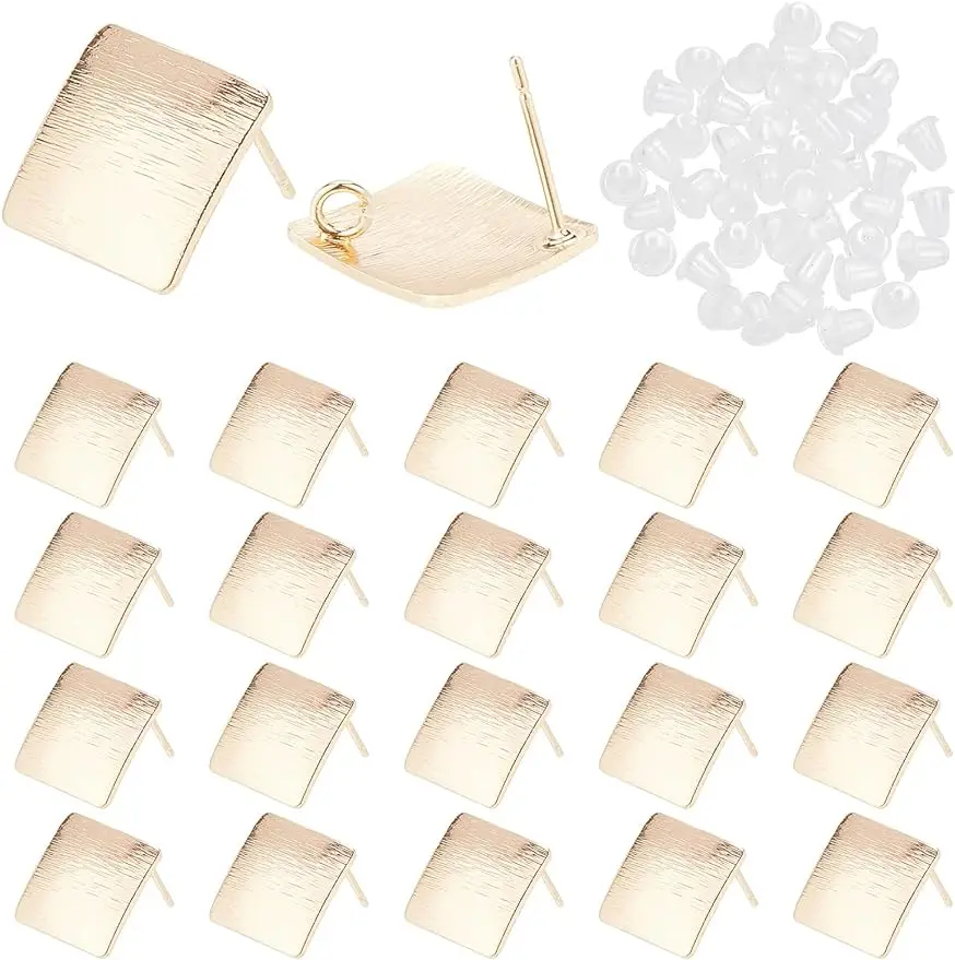 

24Pcs Rhombus Ear Stud Post with 1.5mm Loop and 50Pcs Plastic Ear Nuts Brass Stud Earring Components 18K Gold Stud Earring