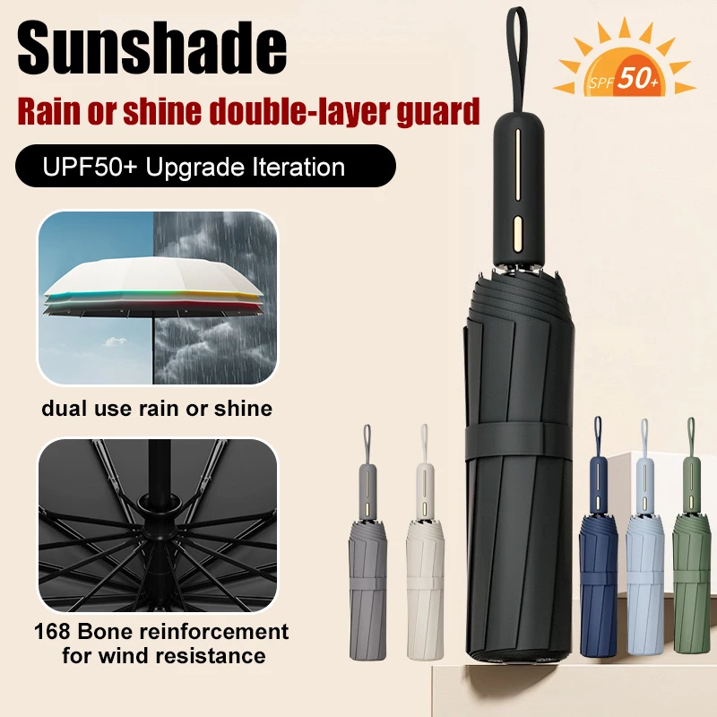 Guarda-chuva Dobrável Reforçado, Protetor Solar, Chuva, Dualuse, Trifold, Pára-sol, Highvalue