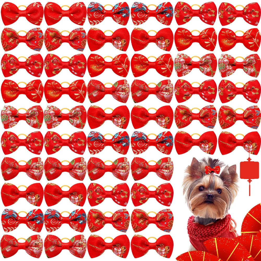 Pet Hair Bows Dog Hair Accessories Red Style Chinese New Year Hair Decor Rubber Band Puppy Hair Bows for Small Dogs Pet Supplies