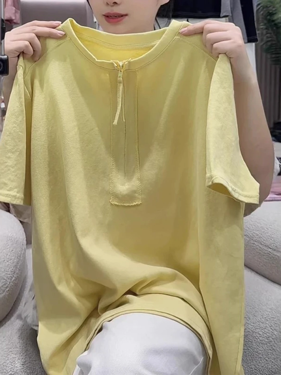 Yellow Loose Fit Cotton Short Sleeve T-Shirt Women's Summer plus Size Beautiful Unique Trendy Top Half Zipper round Neck