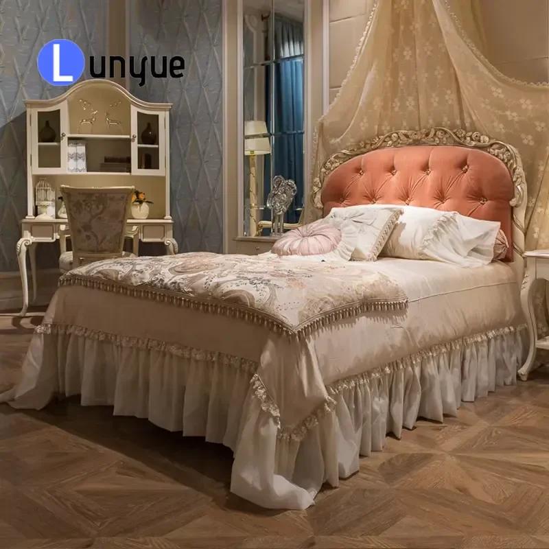 Luxury Queen Size Bed Frame Classic Design Pink Fabric Upholstered Platform Bed for Bedroom Elegant Single Bed Furniture Set
