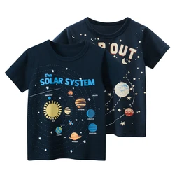 Ropa para niños y niñas, Camiseta de algodón de manga corta con dibujos animados espacial, Top infantil, novedad de 2024