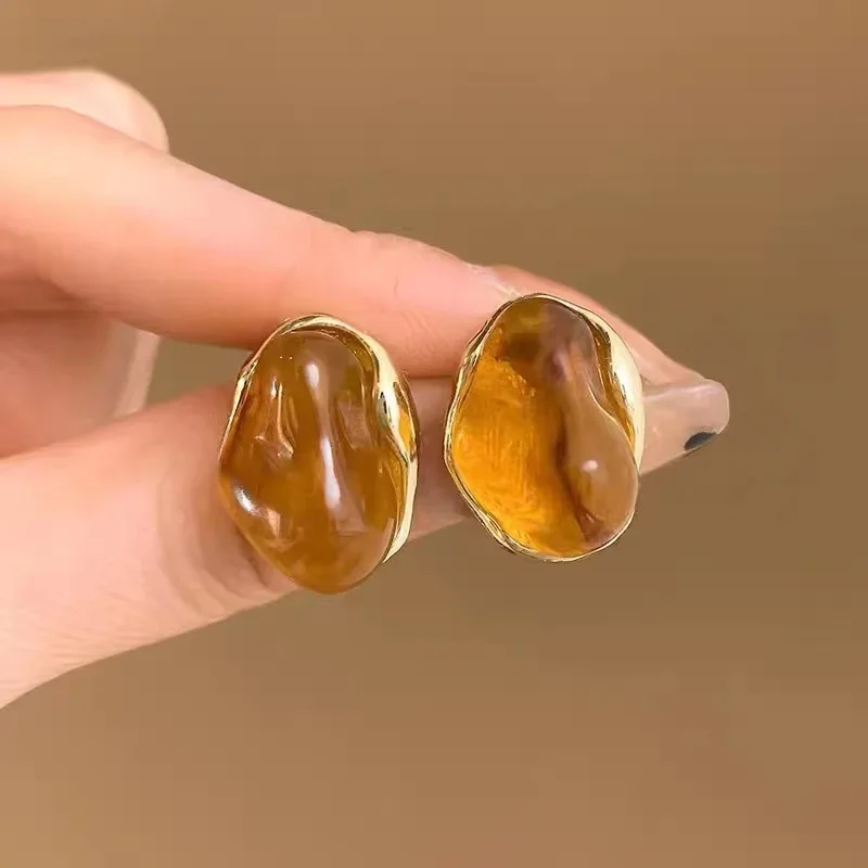 Maillard French Amber Color Irregular Geometric Stones Stud Earrings for Women Simple Unique Girl Jewelry Christmas Gift