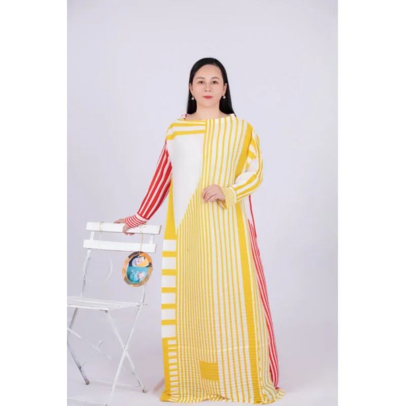 New Miyake Pleated Stripe Dress Fashion Relaxed Party Temperament Long Dresses 2023 Spring and Summer Elegant Women Clothing