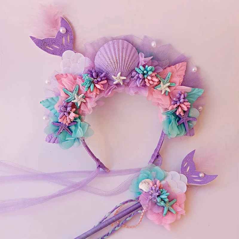 Colorful Mermaid Tail Hairband Children Cartoon Starfish Fairy Wand Set Sequins Fairy Tale Princess Dress Up Party Photo Props