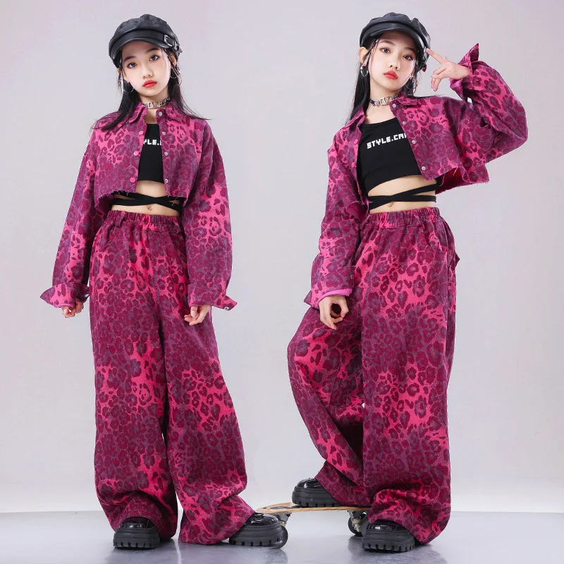 Jazz Dance Performance Clothes Umbilical Suits Girls' Runway Rehearsal Clothes A Set of Pink Leopard Print Shorts 6-16 Years Old