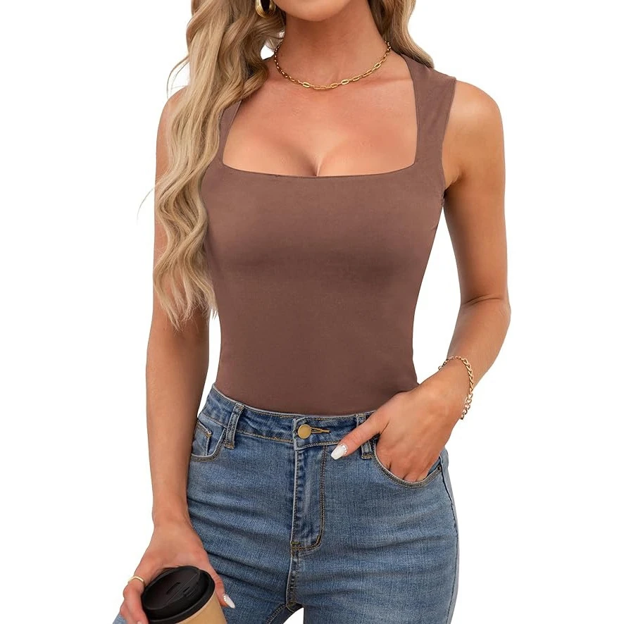 Faionable Casual Square Collar Svel Pure Color Tank Top Women's Slim Fit Vest T-irt Summer 2025 Regular Length