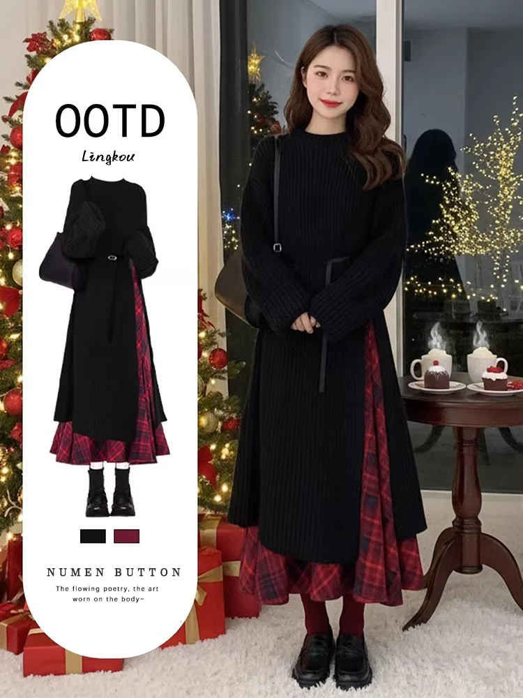 

Антивозрастной осенне-зимний вязаный комплект: свитер и юбка-рыбка в красную клетку, женская повседневная теплая одежда из двух предметов