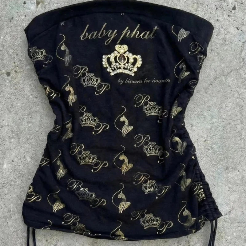 Retro Sexy Tube Top Casual Women's Top Harajuku Black Gold-plated Crown Letter Printing Design Drawstring Waist Women's Vest EMO