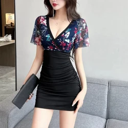 Summer Women's Clothing Pullover Patchwork Chiffon Short Sleeves Plant&Flowers Printing V-Neck Mini Skirts Flattering Dresses