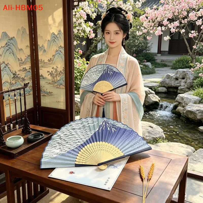 (HB05)Japanese Style Bamboo Folding Fan Handheld Folding Fan With Waves Sashimi Prints Great Prop For Photos