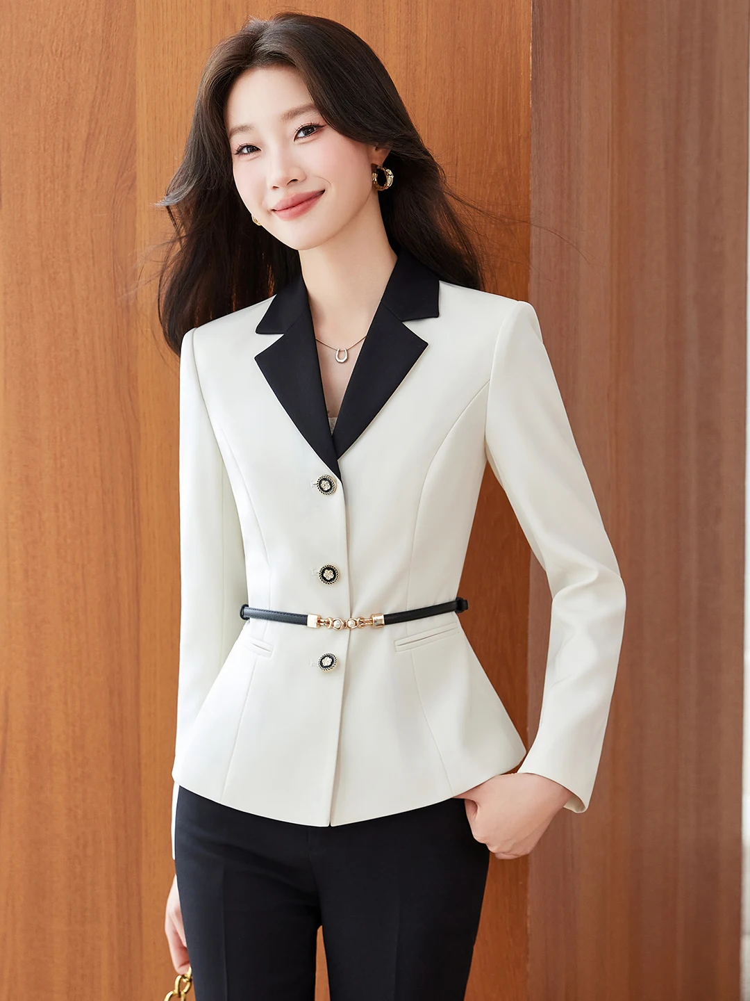 Elegant Color Block Short Waist-Cinching Professional Suit Jacket for Women Autumn New Style OL Fashionable Polyester Fiber