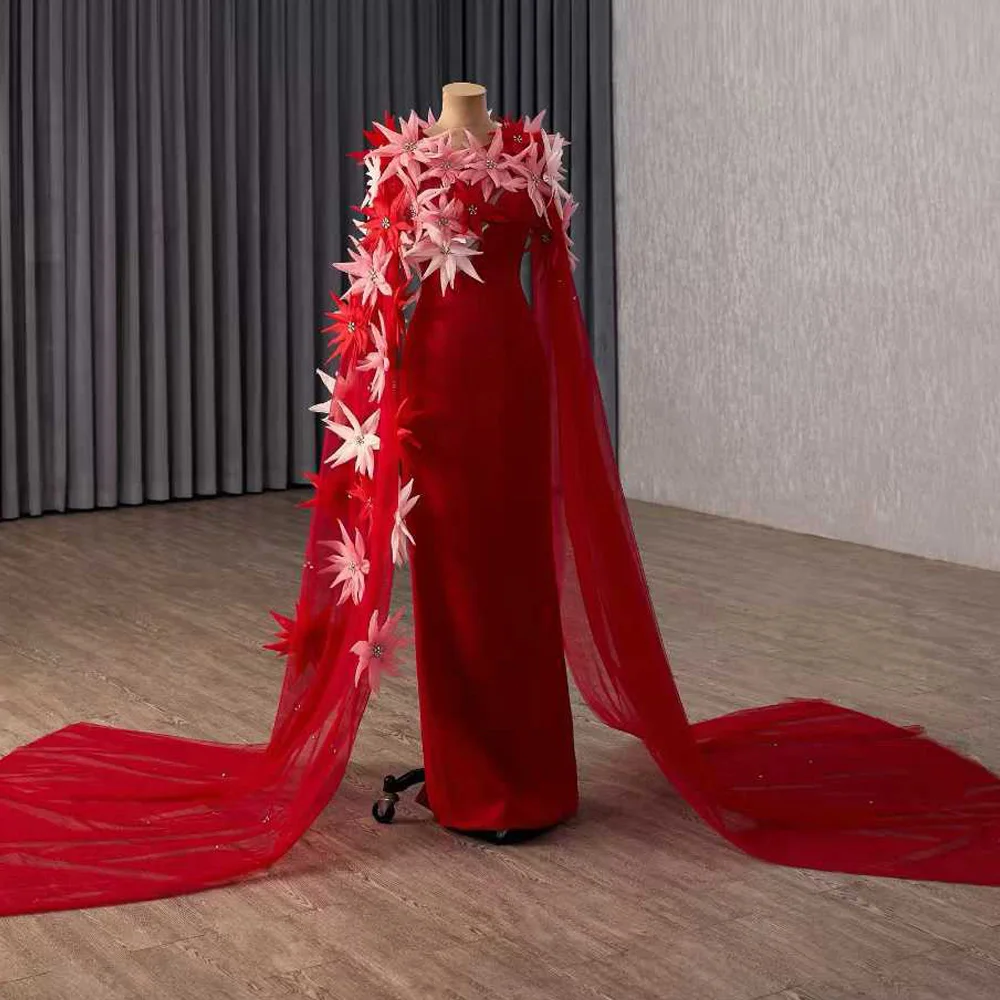 Robe de soirée rouge à col rond et fermeture éclair, avec détails de fleurs en cristal 3D, gaine personnalisable, robe de soirée élégante pour femmes