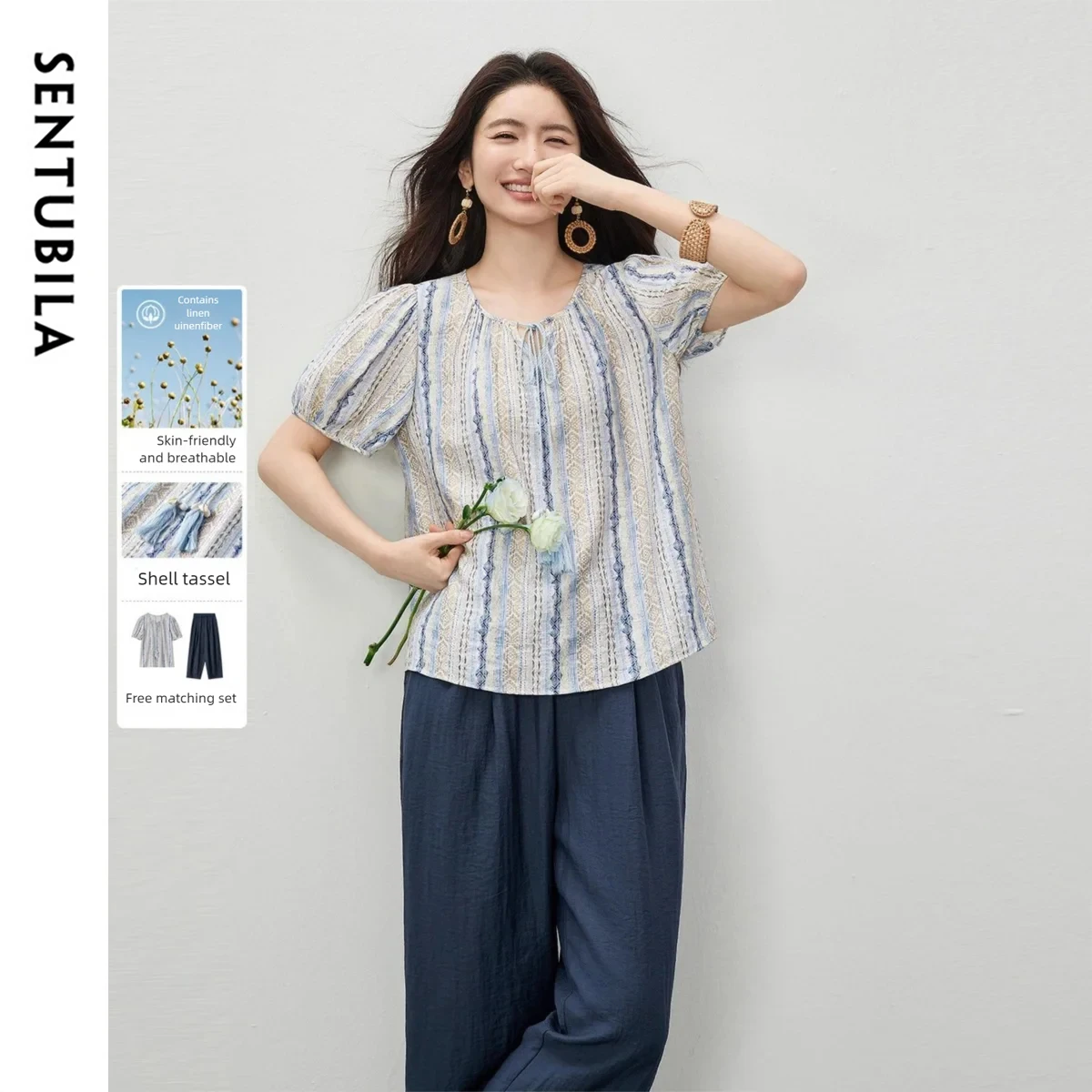 

SENTUBILA Women Bohemian Print Chiffon Top Straight Leg Pants Two-Piece Set 2026 Summer Commuter Casual Style 162ZK6942Z