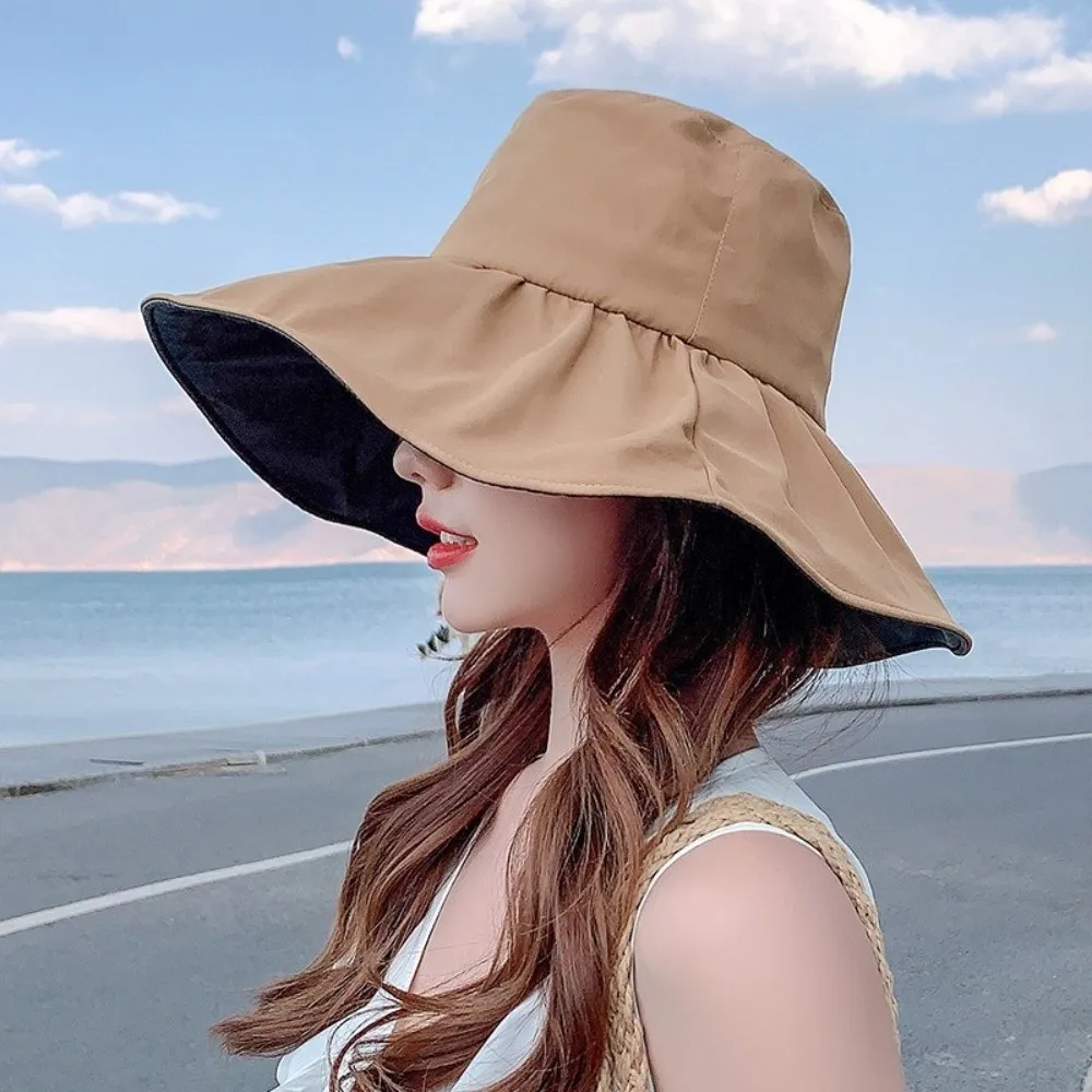 

Solid Color Women Fisherman Hat Anti-Ultraviolet Adjustable Wide Brim Sun Hat with Windproof Rope Sunshade Sun Protection Hat