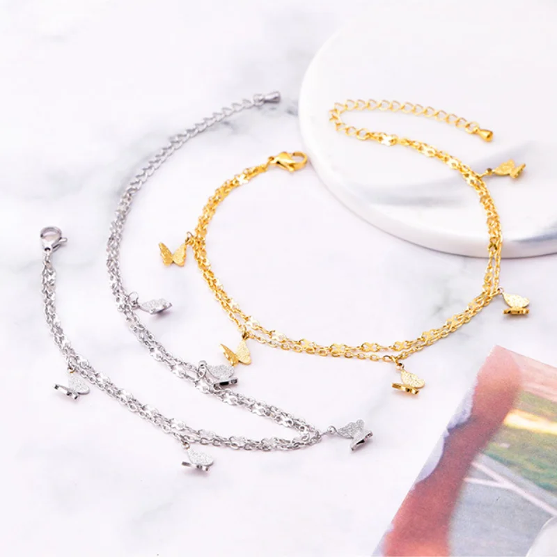 316L Stainless Steel New Fashion Jewelry 2 Layer 5 Frosted Butterflies Elegant Foot Accessories Charm Chain Anklet For Women