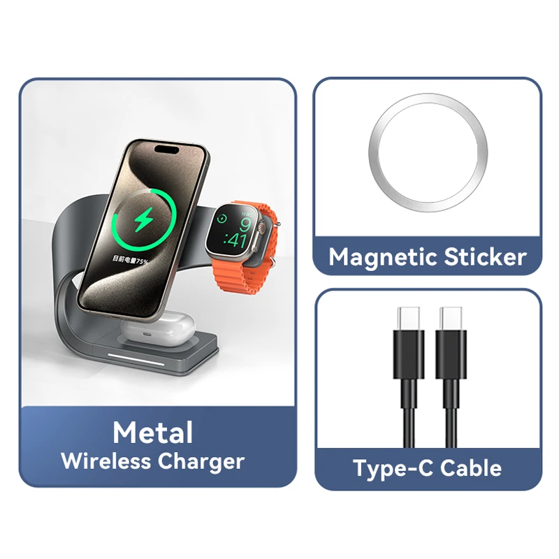 4 in 1 draadloze oplader metalen omhulsel magnetisch 15W snellaadstation standaard voor iPhone 12-17 mobiele telefoons Airpods Apple Watch