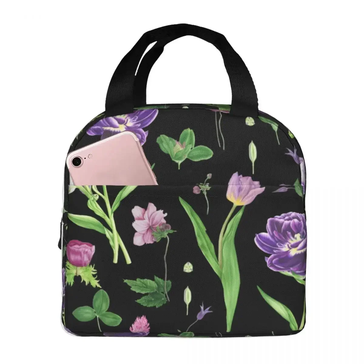 Lunch Bag for Women Kids Purple Tulips Watercolor Pretty Pattern Thermal Cooler Portable Picnic Oxford Lunch Box Bento Pouch