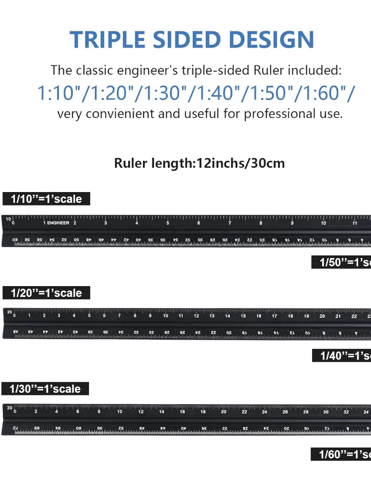 Triangular Scale Ruler, 12 Inch Architectural Scale Ruler Set, Laser-Etched Aluminum with Stainless Steel Ruler for Architects