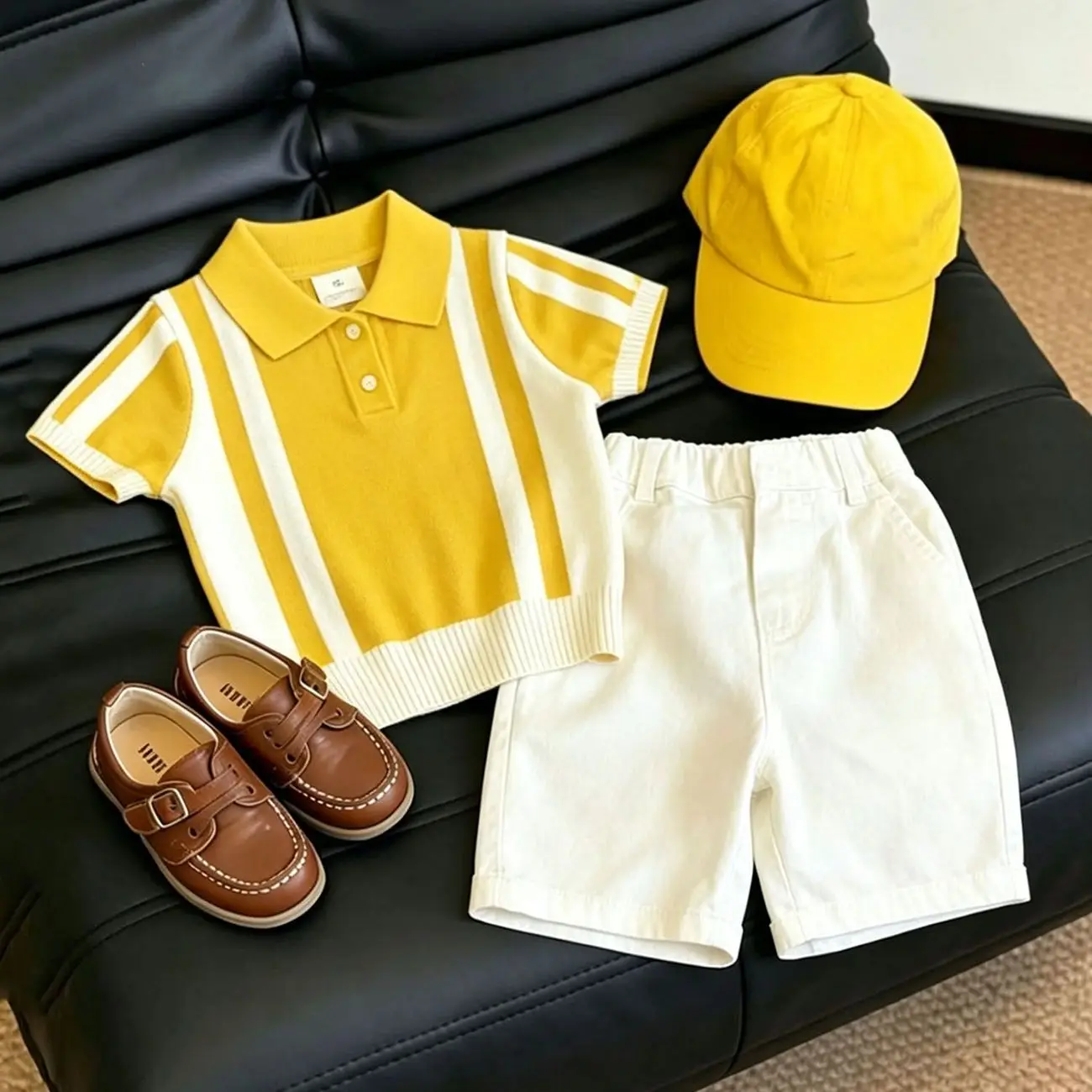 Children's Summer Set Fashion New Boys' Yellow Knitted Short sleeved T-shirt+Casual Shorts 2-piece Set 90-140cm