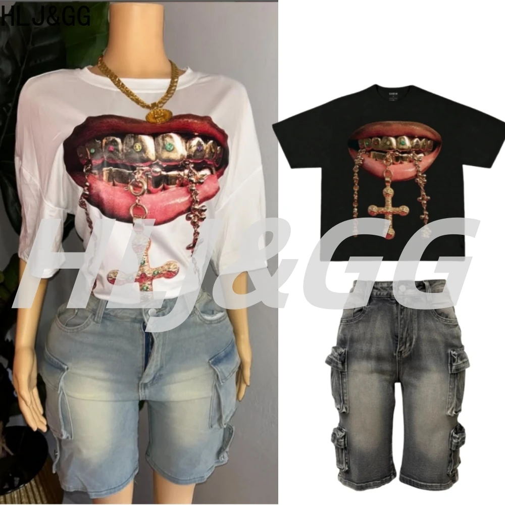 

HLJ&GG Y2K Fashion Pattern Printing Tshirts Two Piece Sets Women Round Neck Loose Top And Denim Cargo Shorts Outfits Streetwear