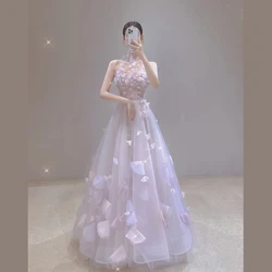 Purple Halter Evening Dress Temperament 3D Applique Flower Princess Dresses Sleeveless Slim Floor Length Birthday Party Vestido