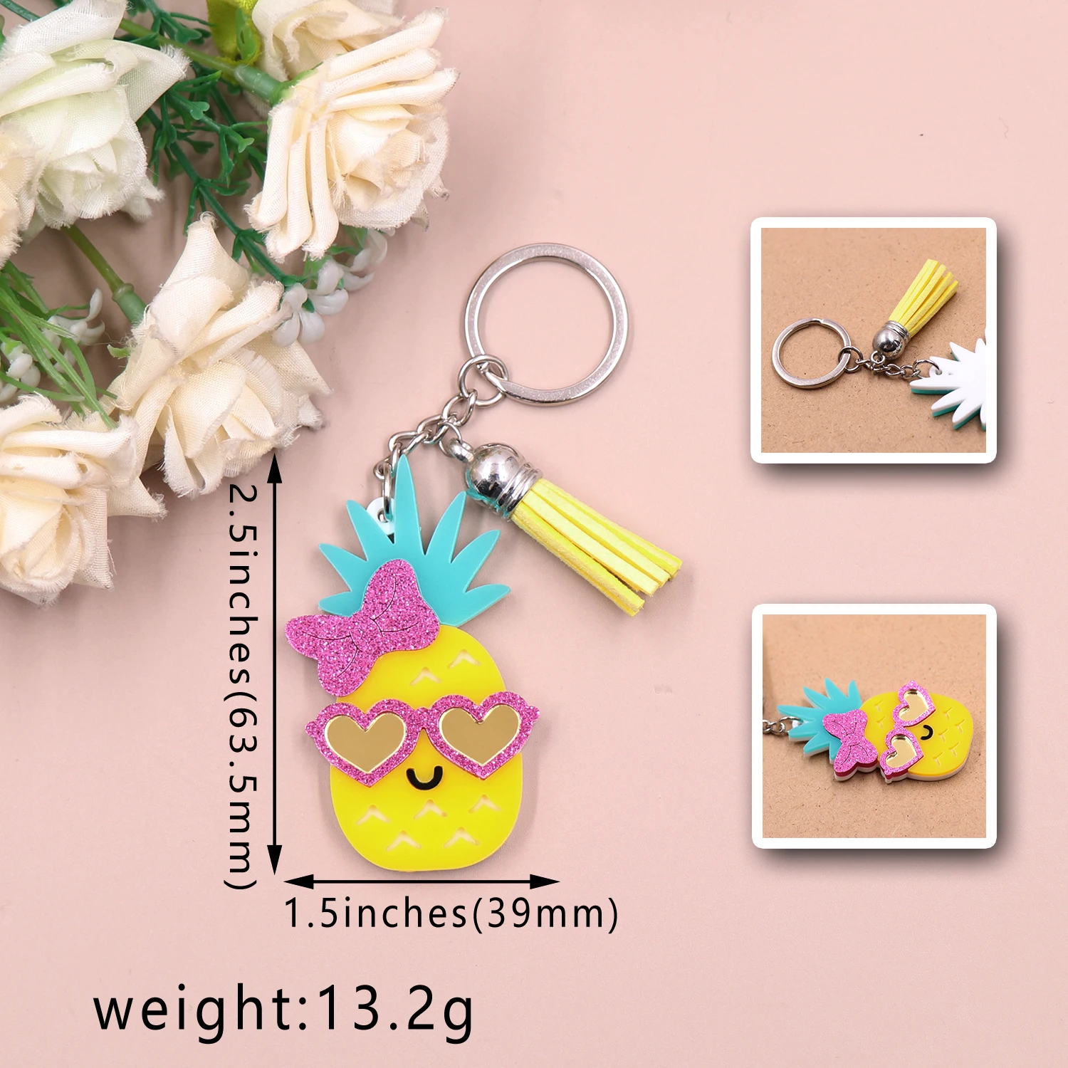 1piece New product CN pineapple with heart glasses cute Acrylic Keychain