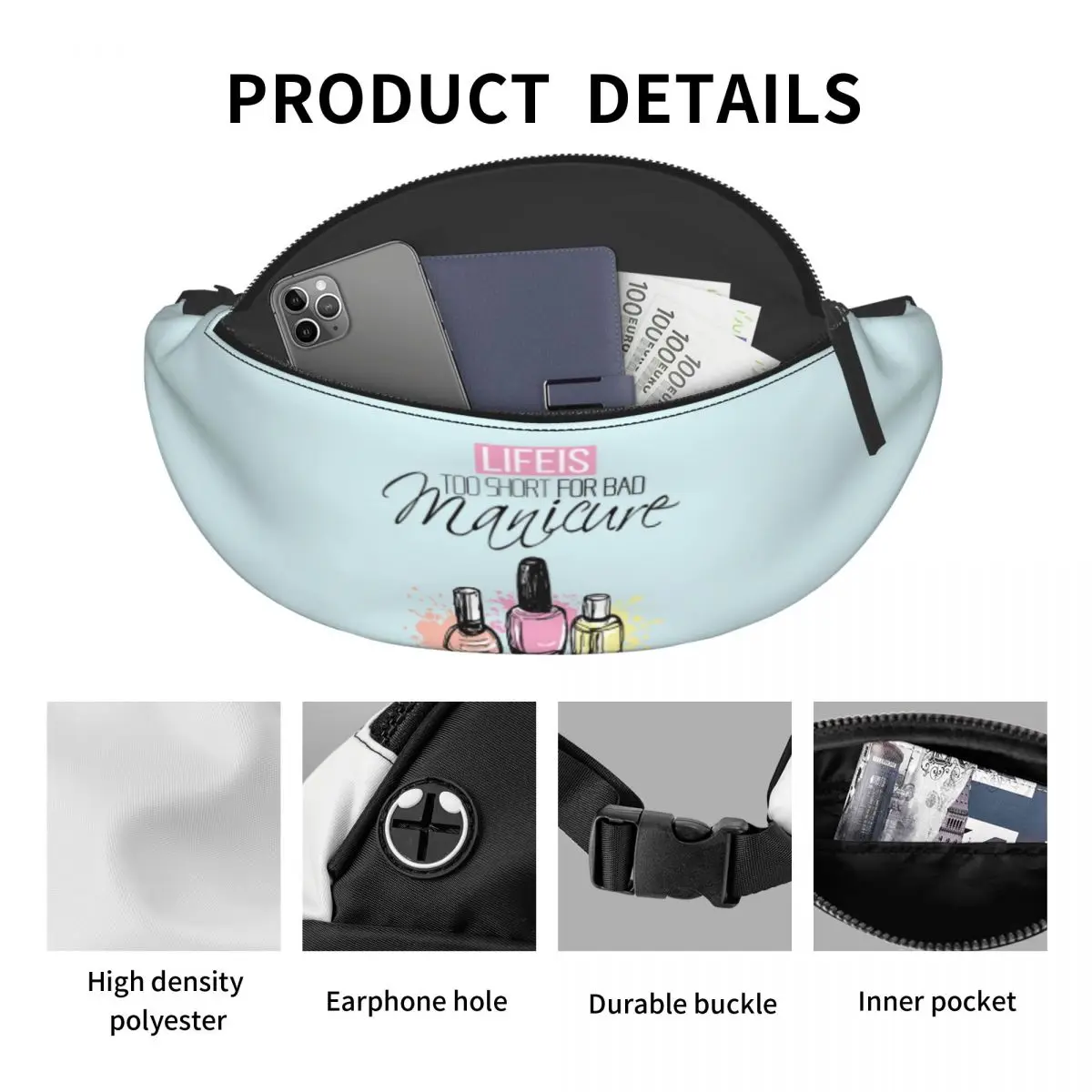 Fashion Nail Polish Fanny Pack for Men Women Fashion Manicurist Manicure Crossbody Waist Bag Travel Hiking Phone Money Pouch