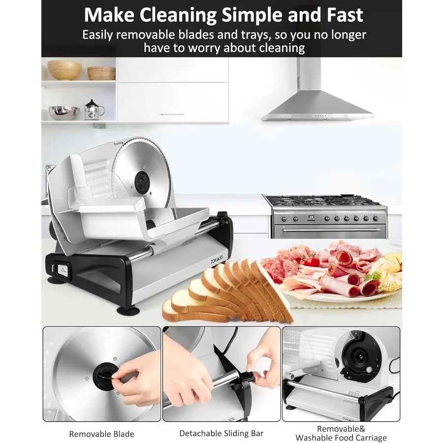 Электрическая нарезка для гастрономов мощностью 200 Вт с 2 съемными лезвиями из нержавеющей стали диаметром 7,5 дюйма и подносом для домашнего использования, регулируемой толщиной