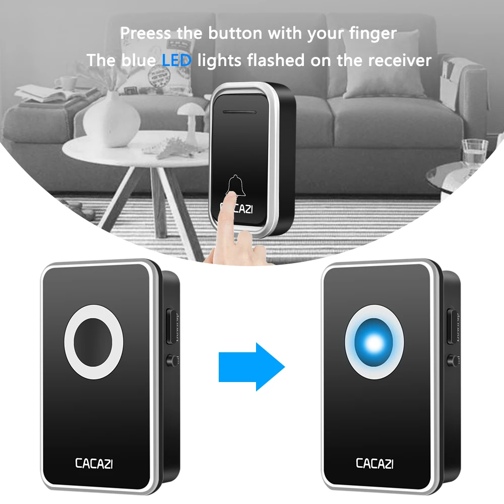 CACAZI Smart Wireless Doorbell Waterproof 1 2 Button 1 2 3 Receiver 300M Remote US EU UK Plug Home Call Ring Bell 38 Chimes