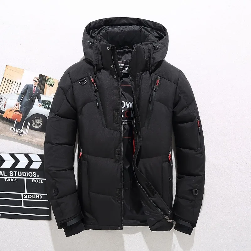 Winter Down Jacket Men Warm White Duck Down Coat Multiple Pockets Windproof Jacket Casual Trendy Outdoor Down Jackets Hooded Top