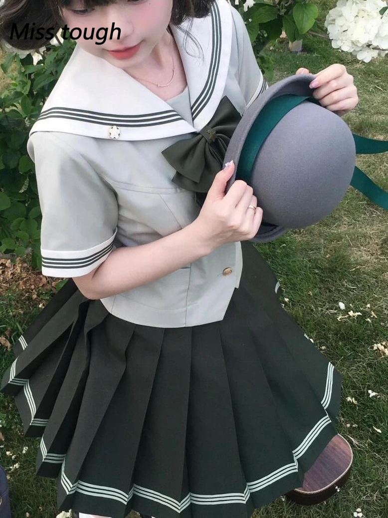 

Japanese School Uniform Two Piece Set Women Green Pleated Skirt with Sailor Collar Short Sleeve Top Cute Kawaii Summer Outfit