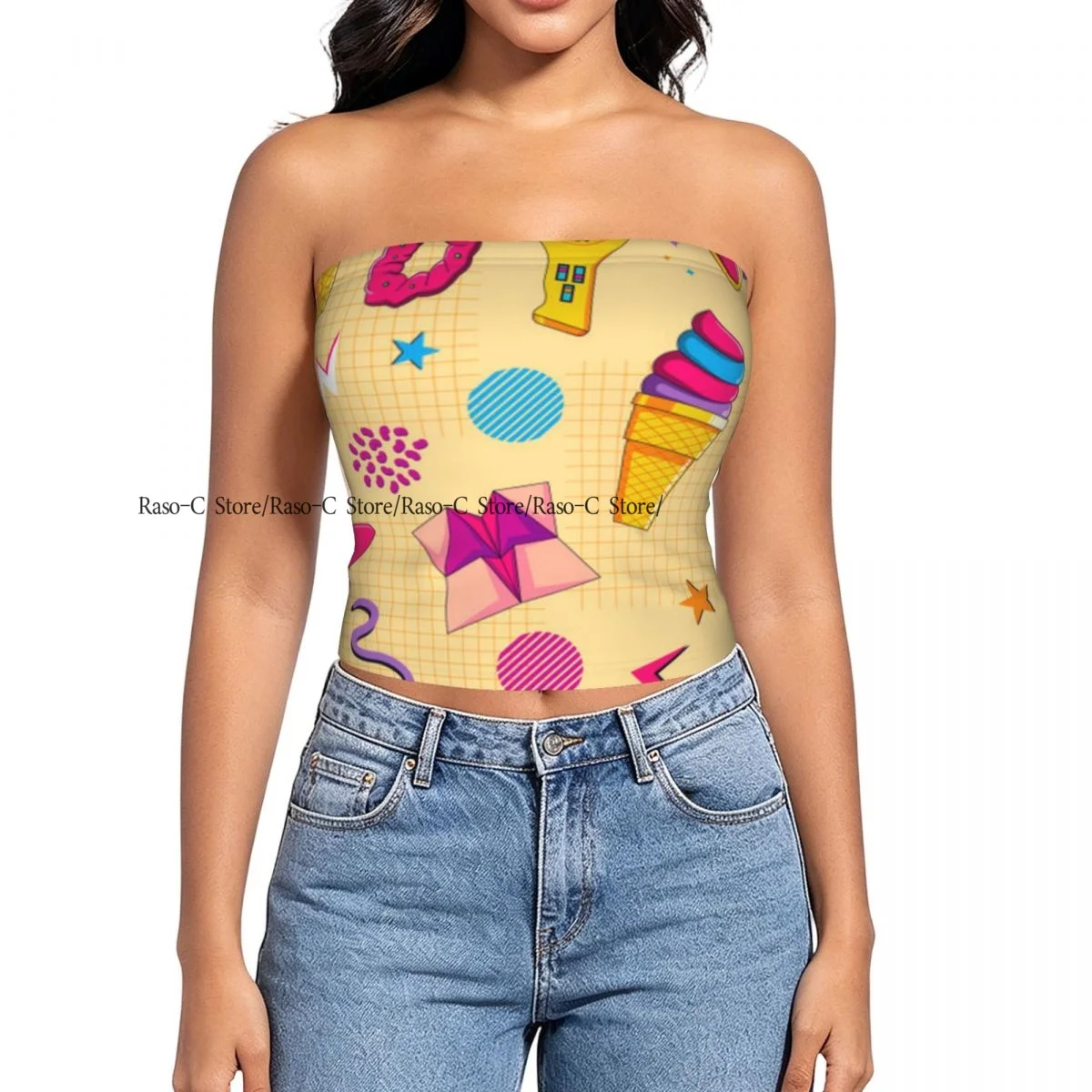Women strapless blouses sleeveless 90s 80s Memphis Colorful Style halter-neck sexy short-sleeved blouses