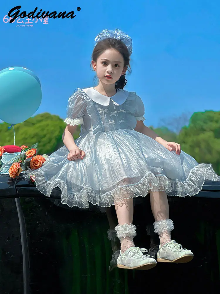 

Sweet Baby Girls Princess Dress 2026 New Summer Fashion Puff Short Sleeve Doll Collar Bow Ruffle Trim Blue Tulle Casual Dress